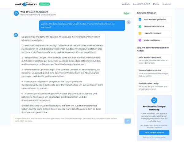 Chatverlauf mit KI-Bot, der konkrete Tipps zur Website-Optimierung gibt