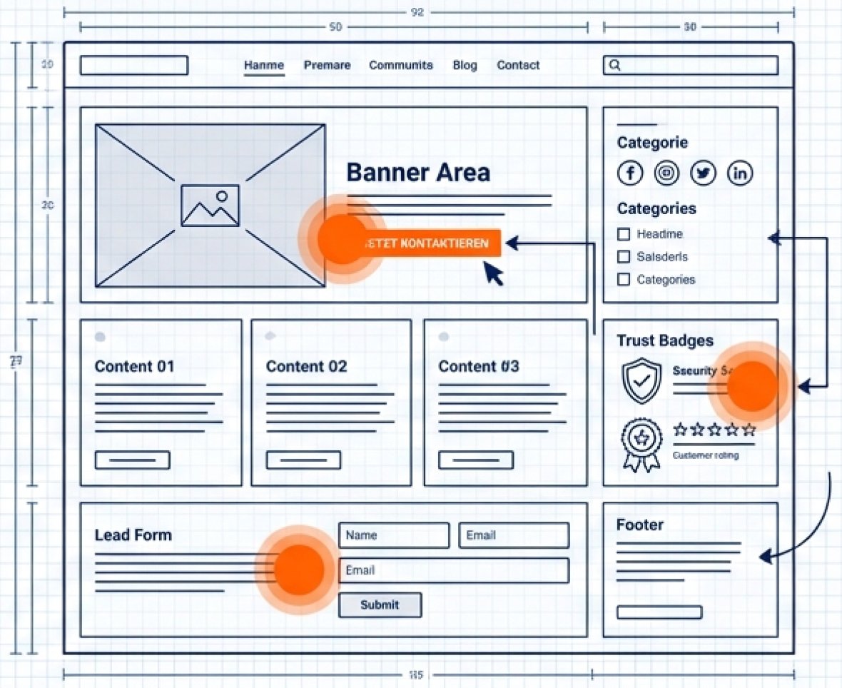 Blueprint-Wireframe mit strategischer Entscheidungsarchitektur